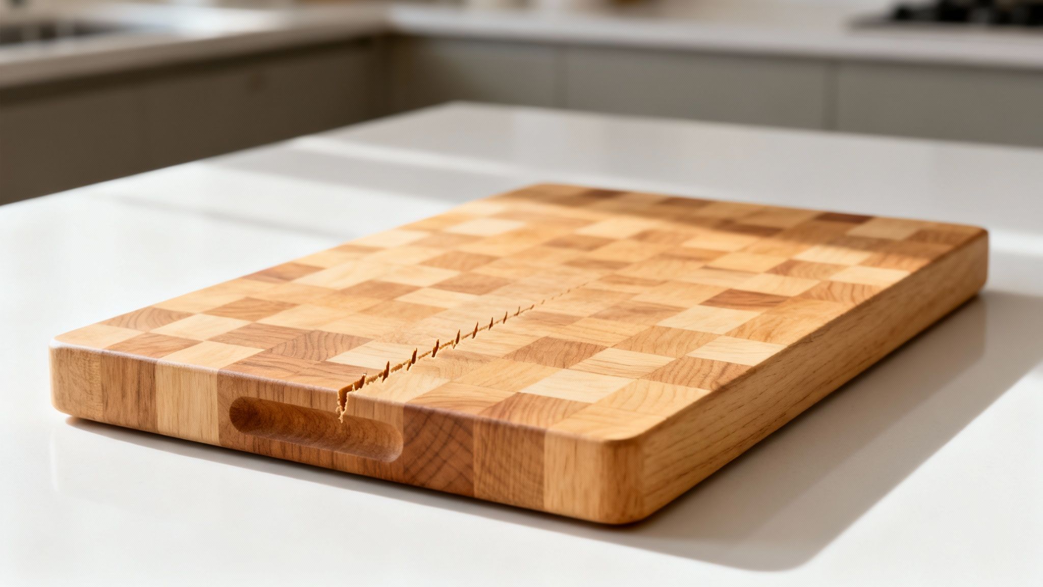 A cracked end-grain chopping board with a checkerboard pattern on a clean kitchen counter.