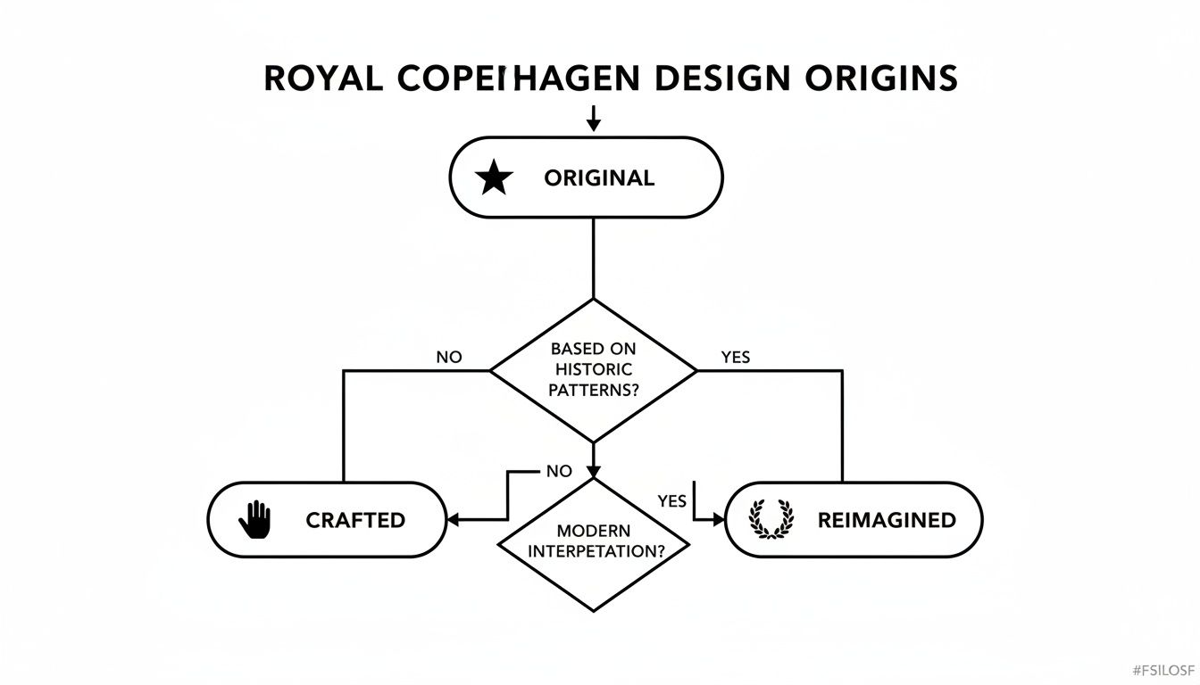 Flowchart illustrating Royal Copenhagen design origins: Original, Crafted, and Reimagined categories.