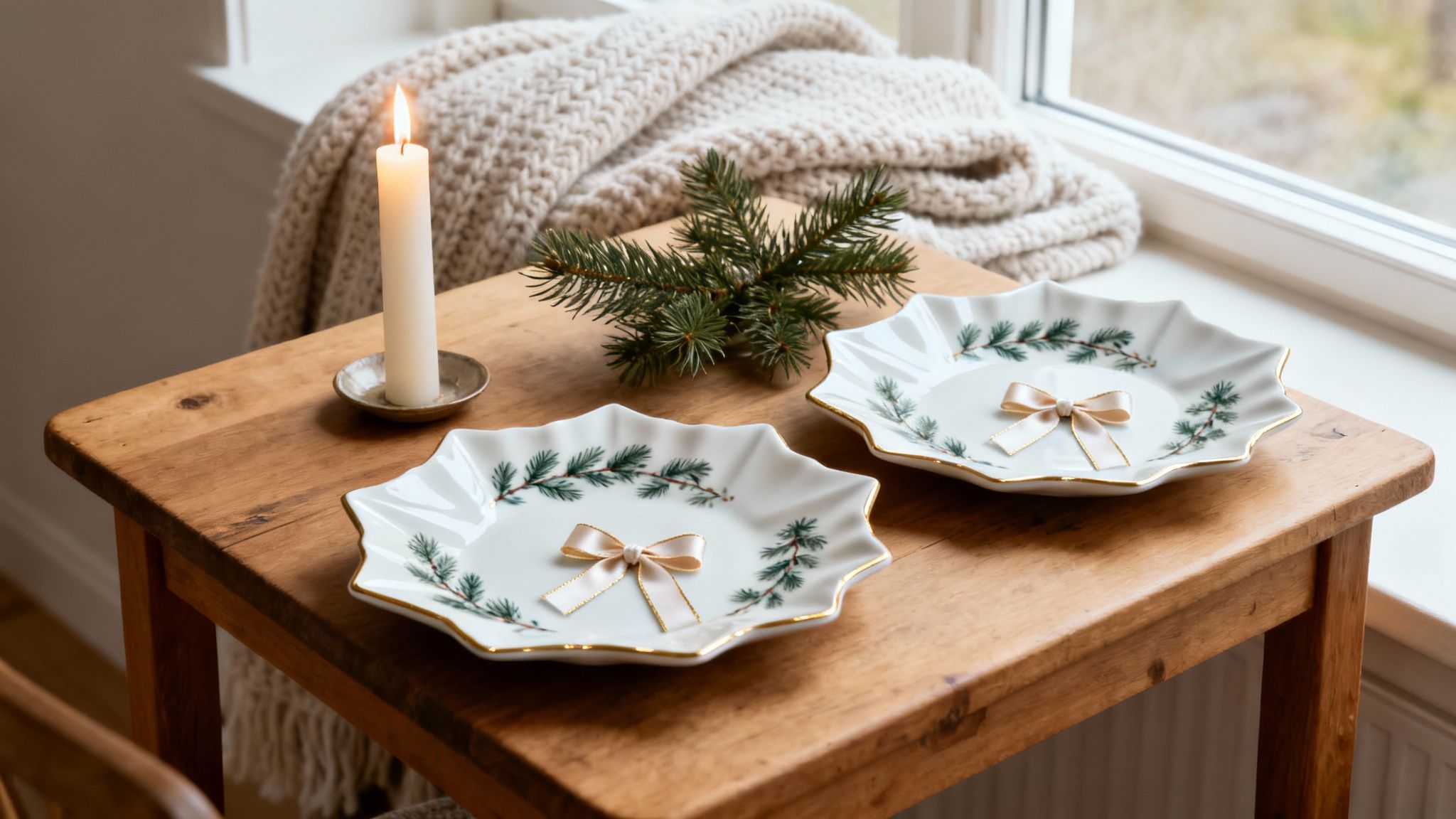 A cozy Christmas table setting featuring a lit candle, pine branches, and two decorative plates with bows.