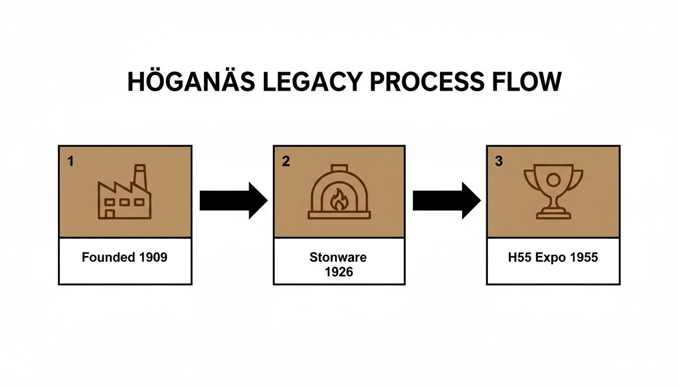 A process flow diagram illustrating Höganäs' legacy: founded 1909, stoneware 1926, and H55 Expo 1955.