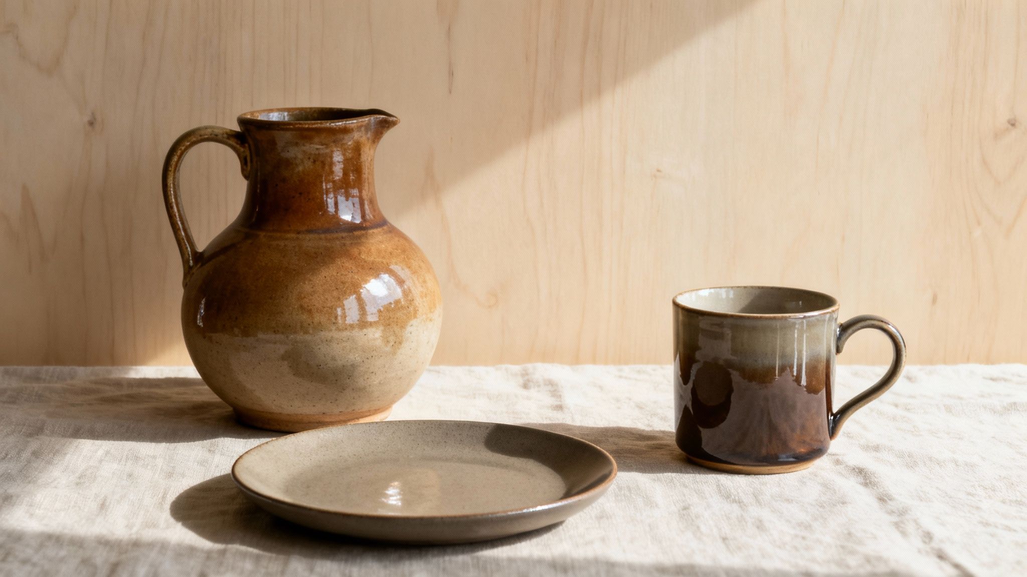A ceramic pitcher, mug, and plate with earthy glazes on a textured linen tablecloth.