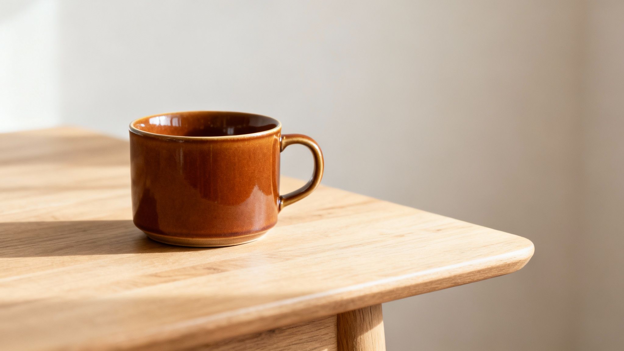 A single brown ceramic mug rests on a light wooden table, illuminated by natural sunlight.