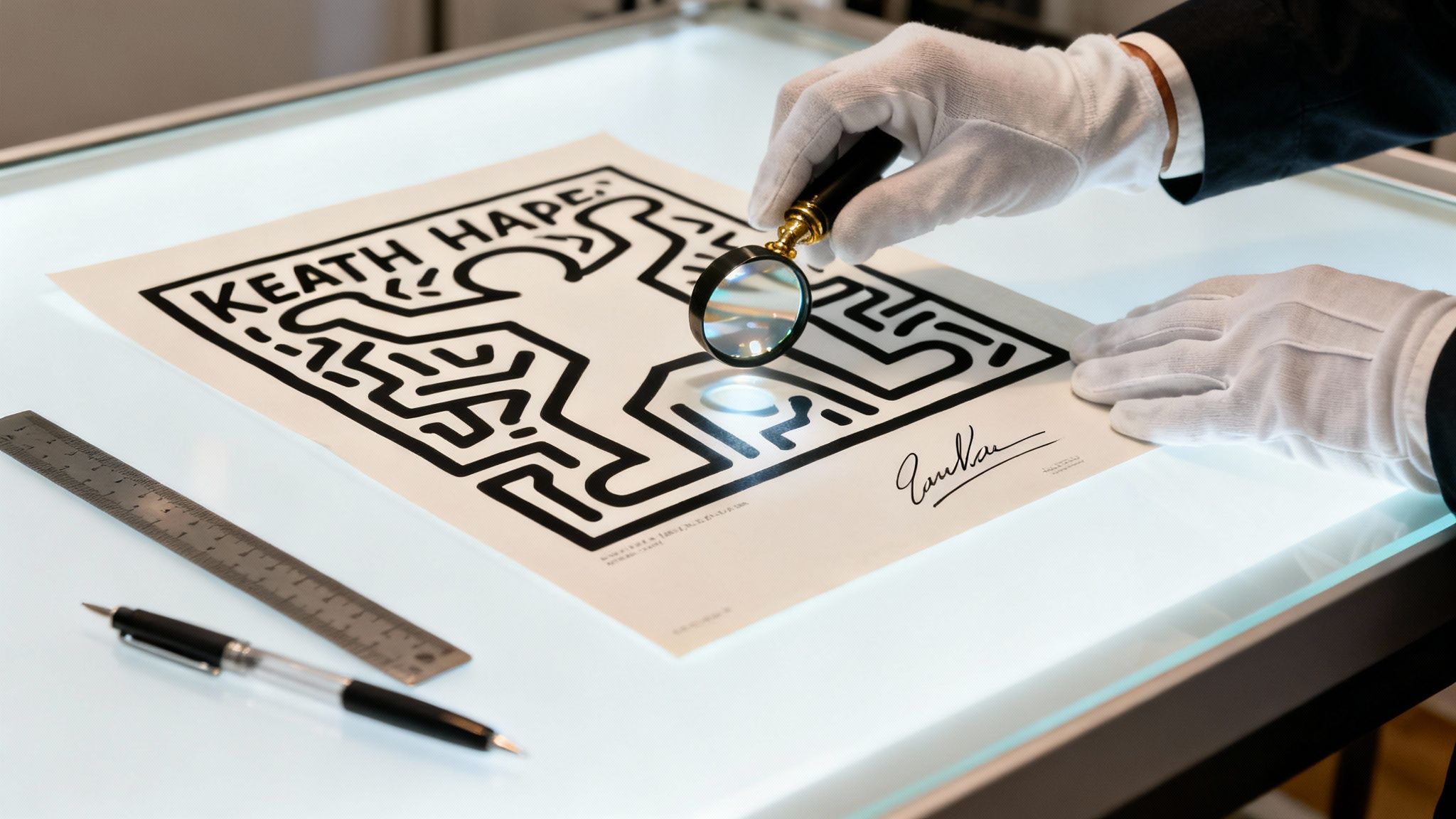 Person in white gloves using a magnifying glass to inspect a Keith Haring-style artwork on a light table.