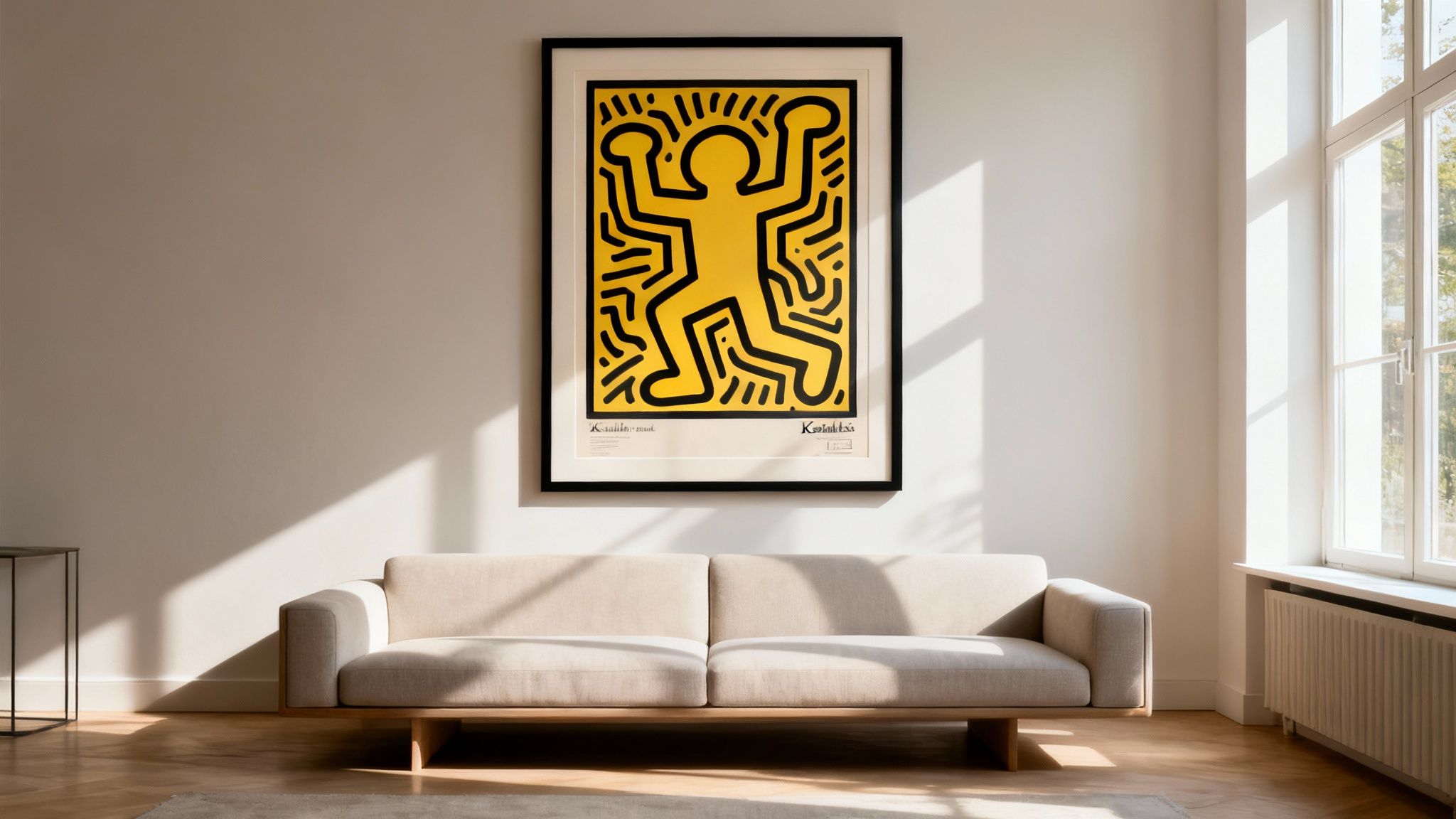A bright, minimalist living room featuring a yellow Keith Haring 'Radiant Baby' poster above a beige sofa.