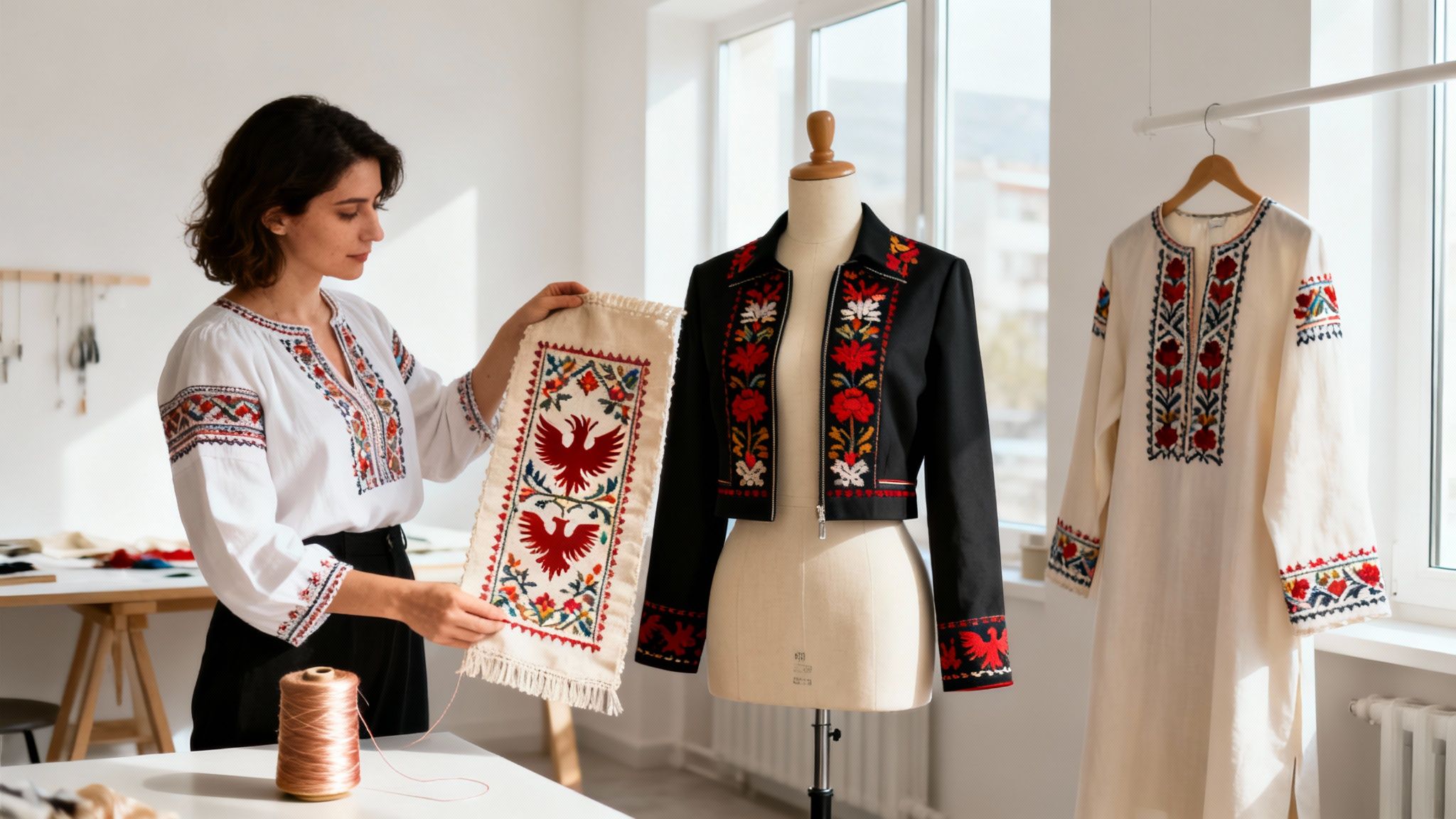 A woman in a studio holding a textile with red birds, beside embroidered garments.