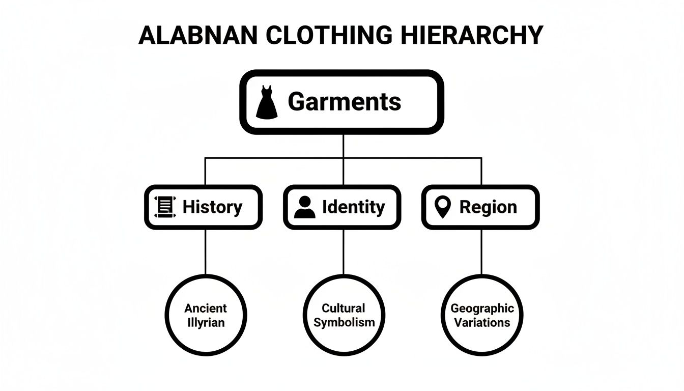Alabnan clothing hierarchy diagram detailing influences from history, identity, and geographic variations.