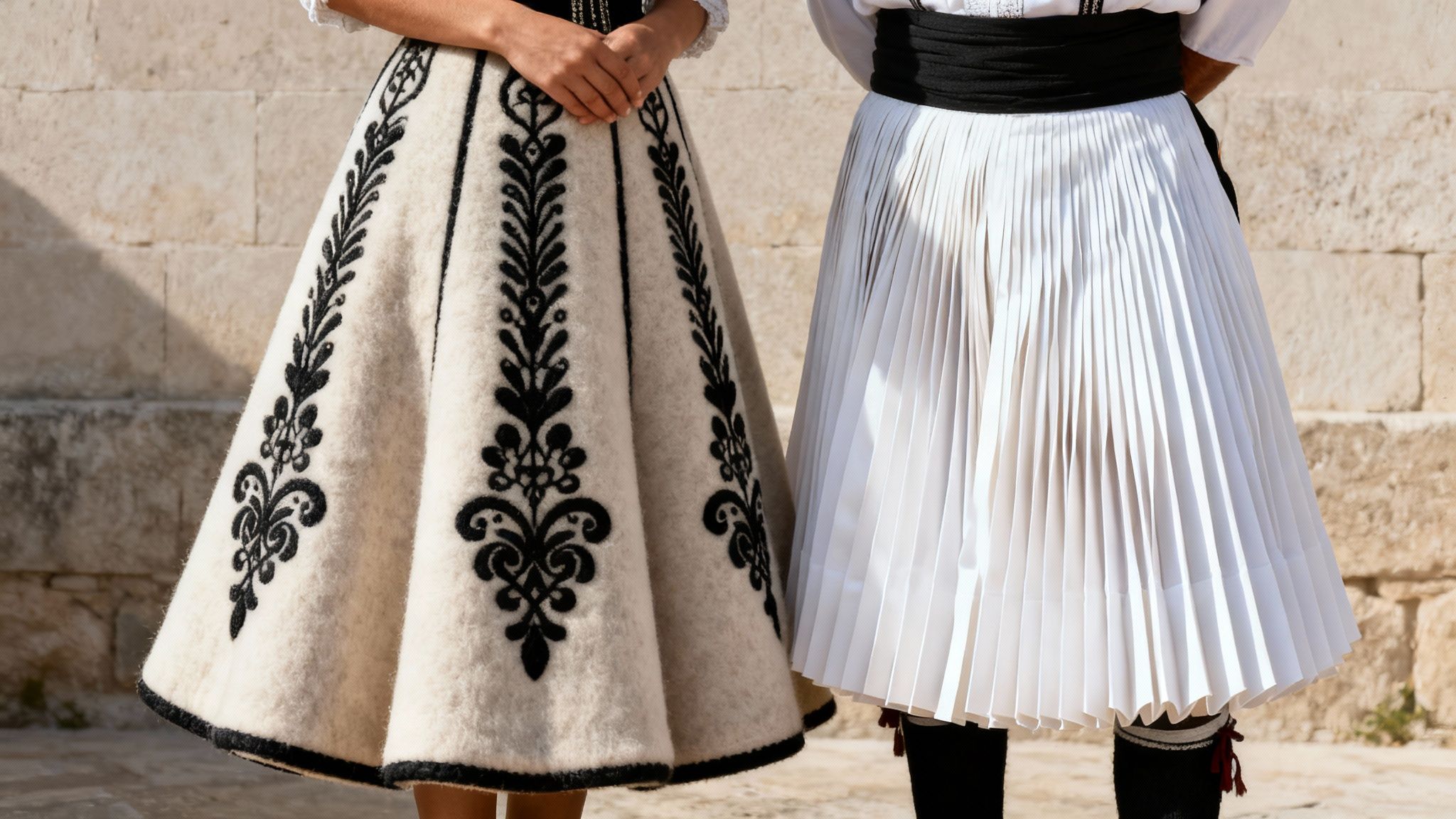 Close-up of two people wearing traditional Albanian folk costumes with embroidered and pleated skirts.