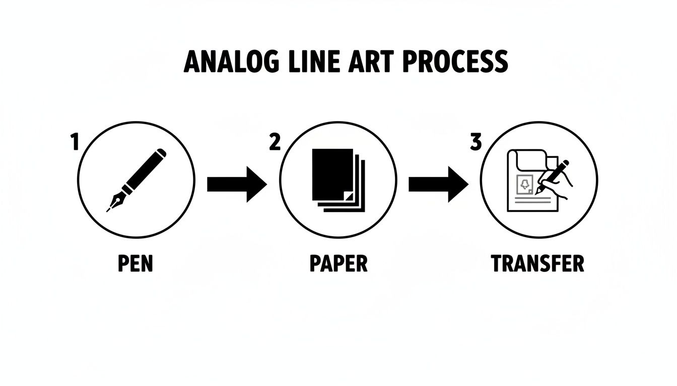 A diagram illustrates the analog line art process with steps for pen, paper, and transfer.