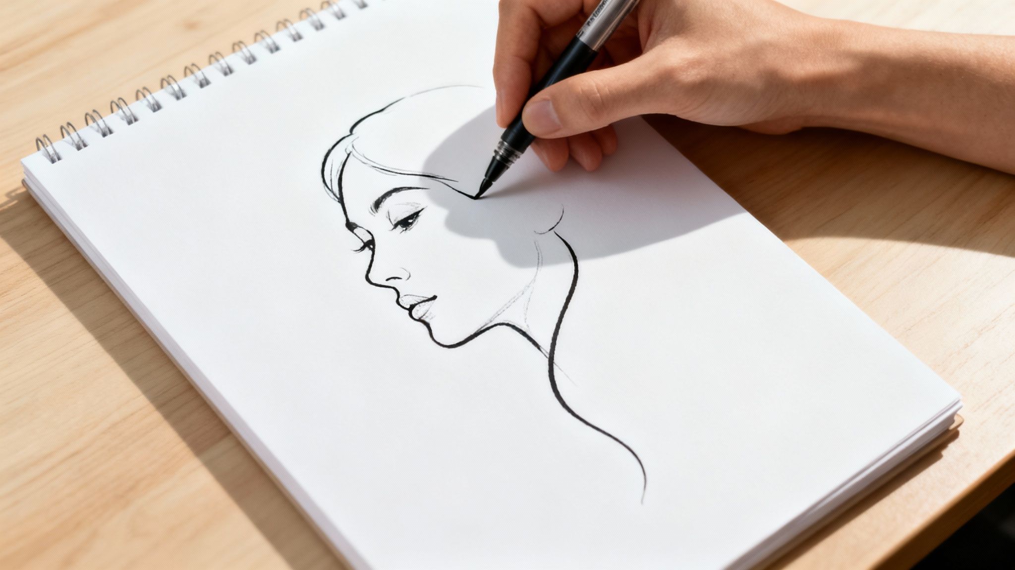 A person's hand draws a stylized woman's face profile with a black pen on a white spiral sketchbook.