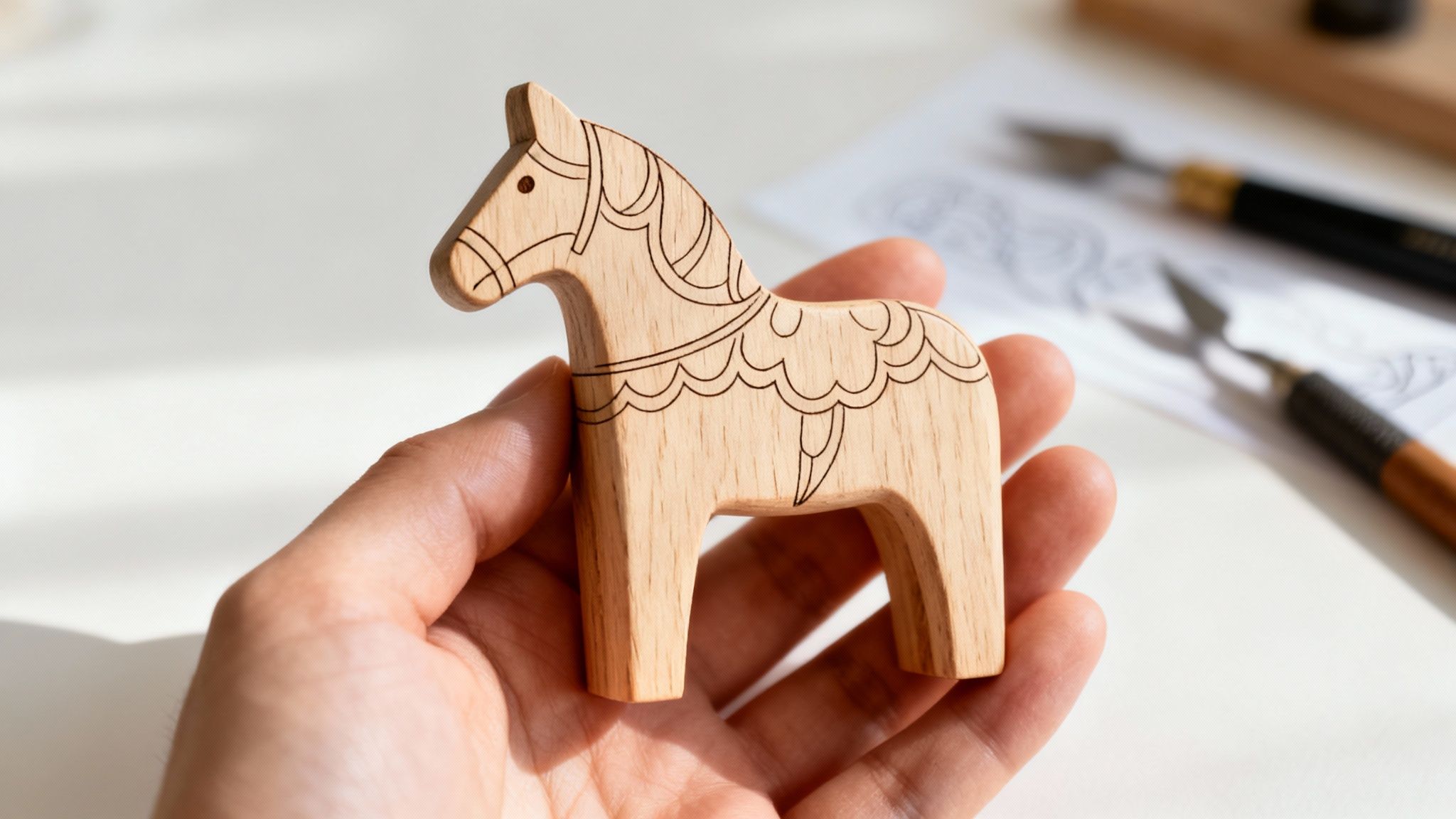 A person's hand holds a wooden Dala horse with delicate line art engravings, with carving tools in the background.