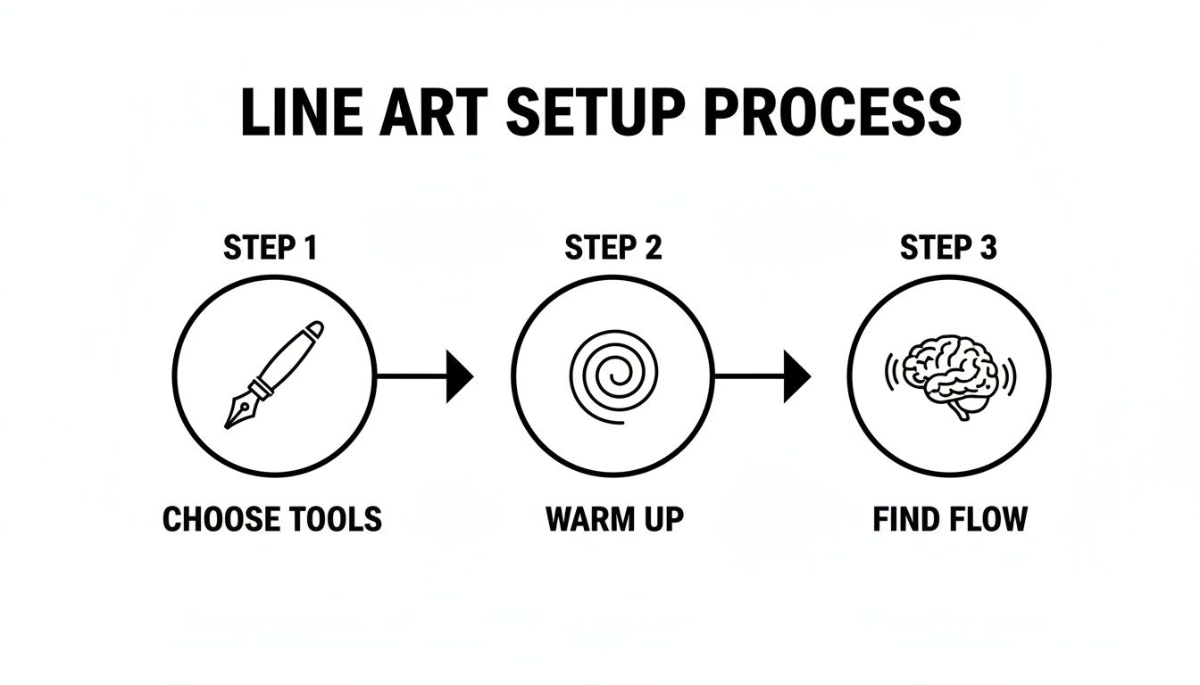 A graphic illustrating the three steps of the line art setup process: Choose Tools, Warm Up, and Find Flow.