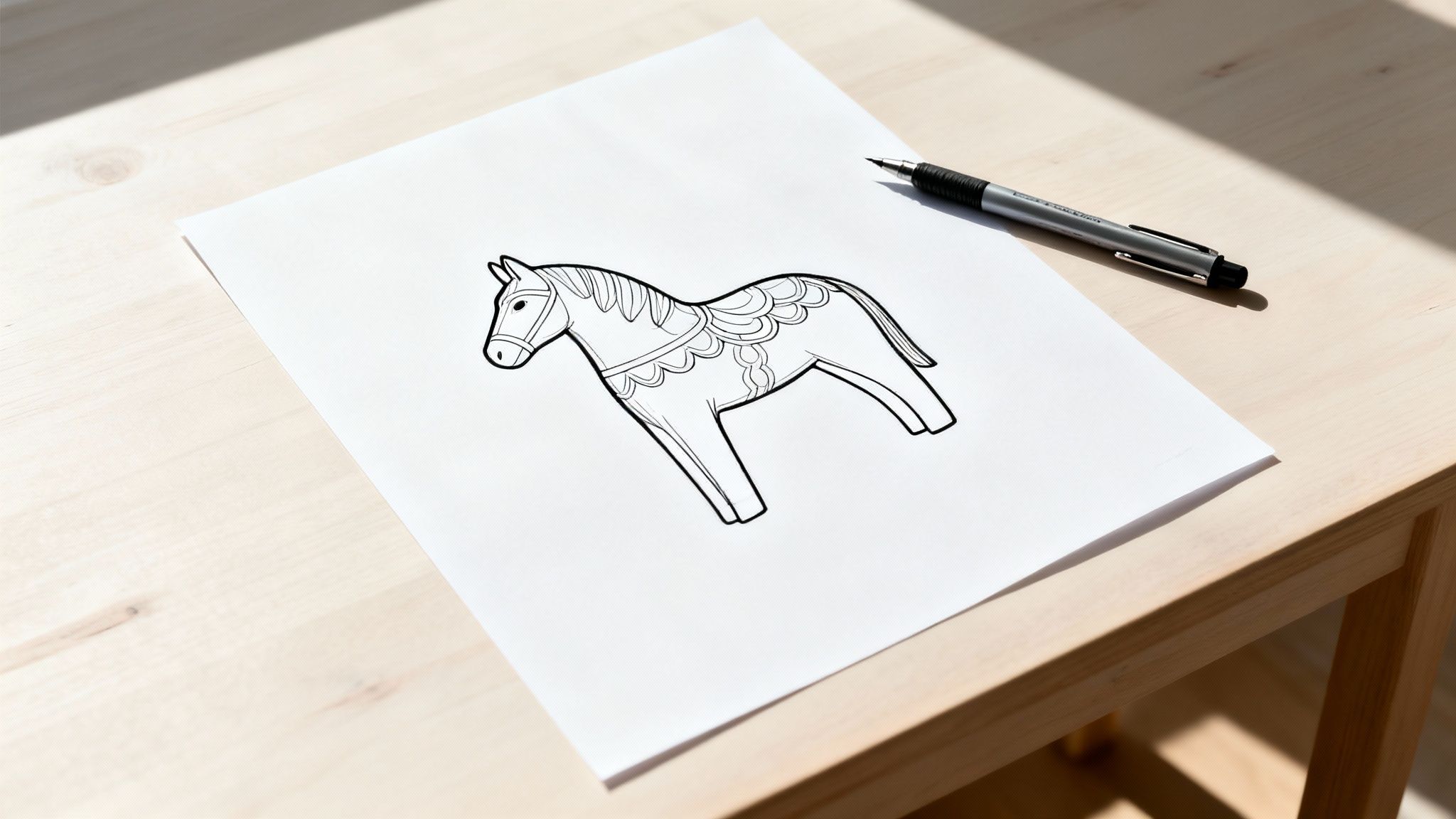 A simple black and white drawing of a Dala horse on paper with a pen on a wooden table.