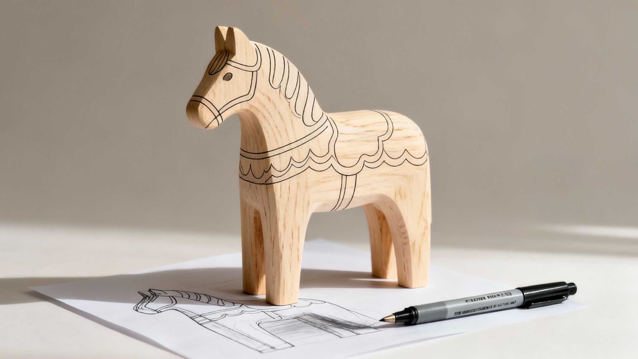 A wooden Dala horse with black line art decoration rests on a drawing next to a marker pen.