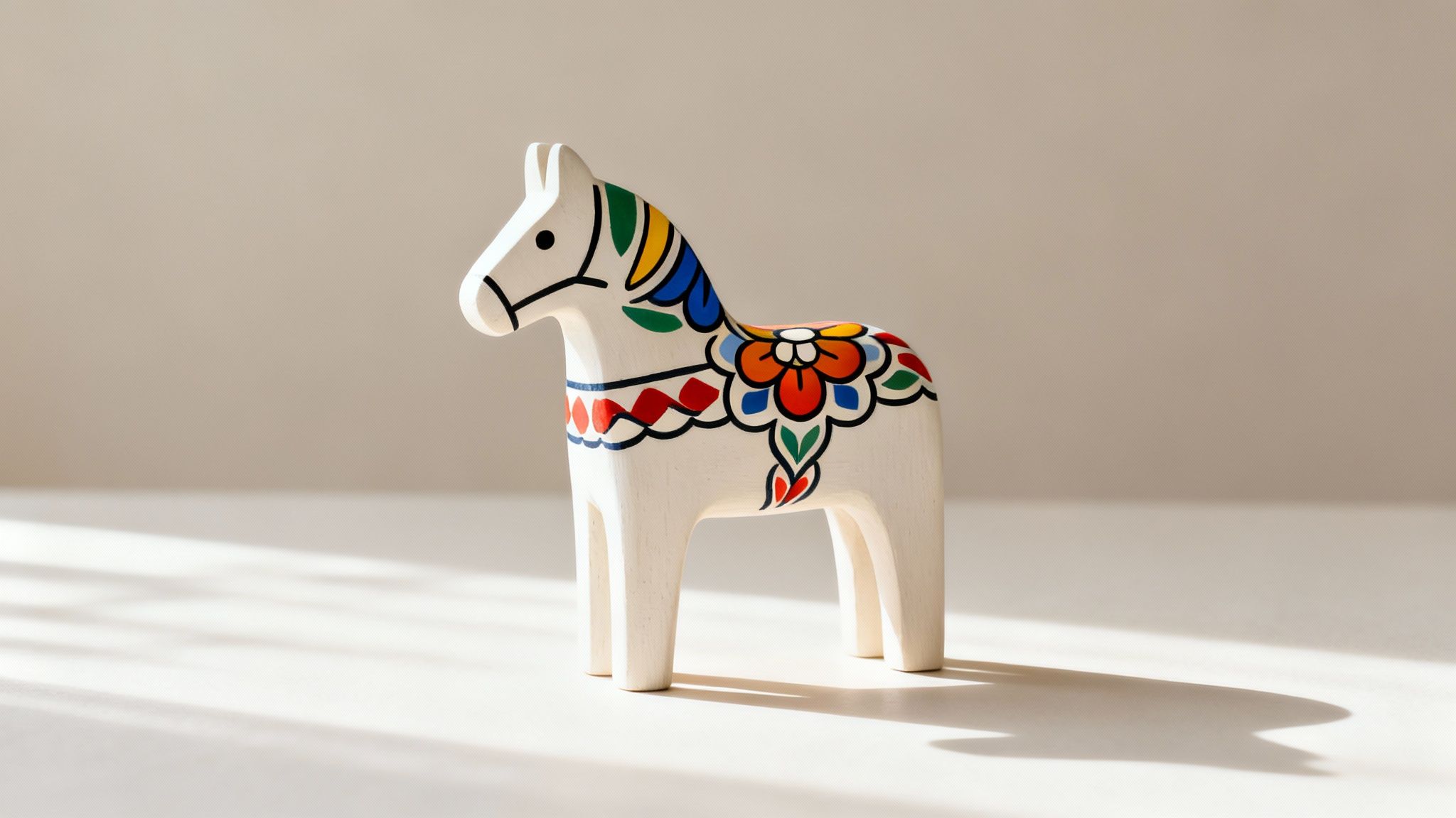 A white Dala horse, decorated with vibrant floral patterns, stands on a light background with shadows.