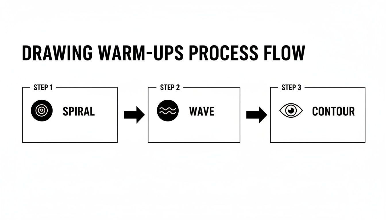 Flowchart illustrating a three-step drawing warm-up process: spiral, wave, and contour exercises.