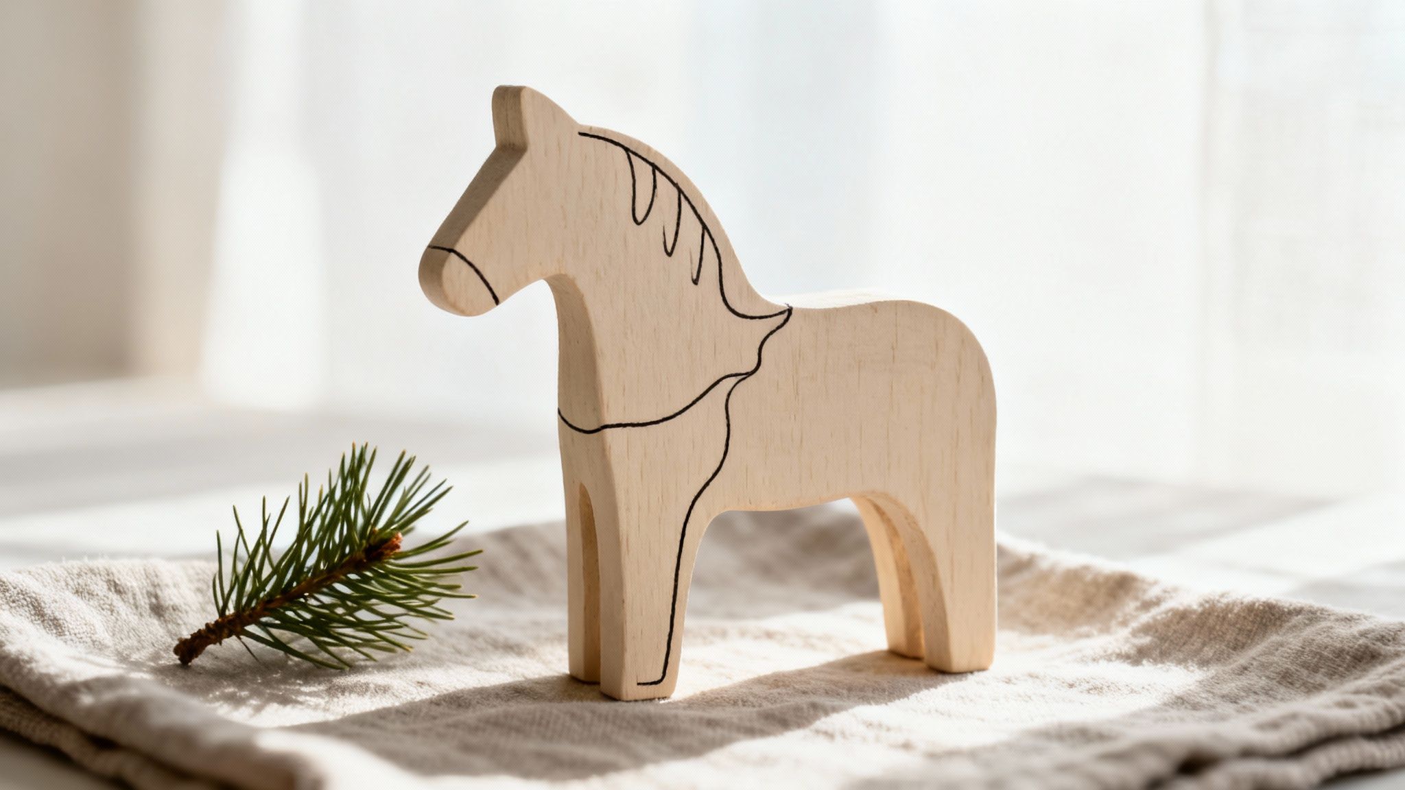 Natural wooden horse toy with black line art, next to a pine sprig on linen fabric.