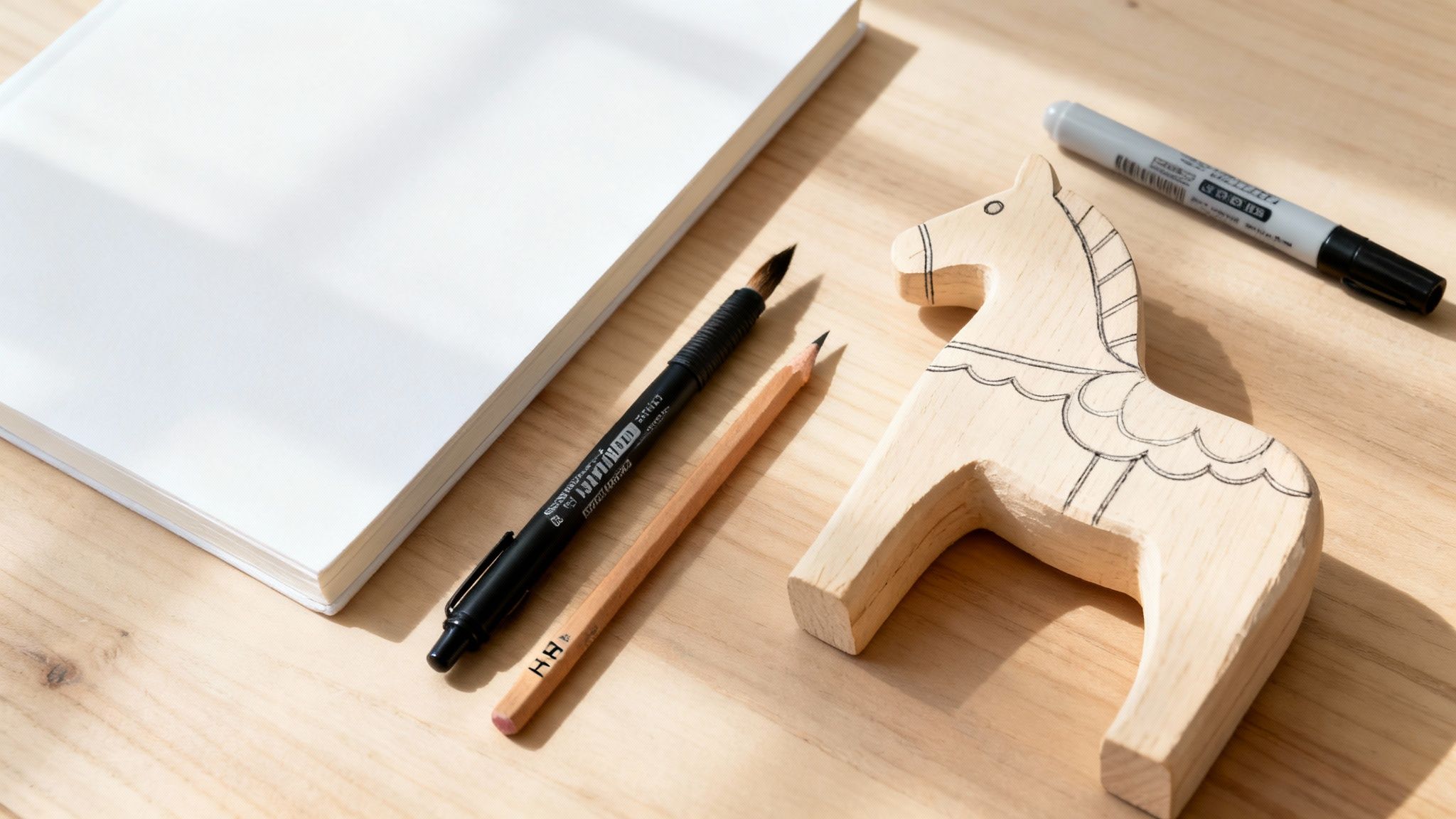 A creative workspace with a blank notebook, drawing tools, and a wooden Dala horse project.