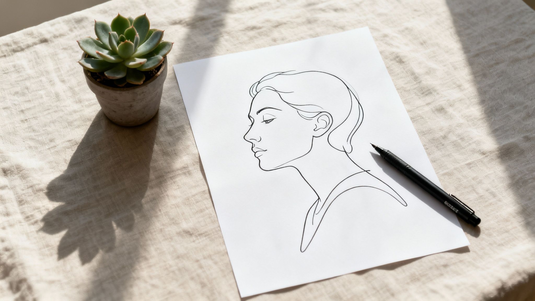 Minimalist one line art drawing of a woman's profile, pen, and succulent plant on linen.