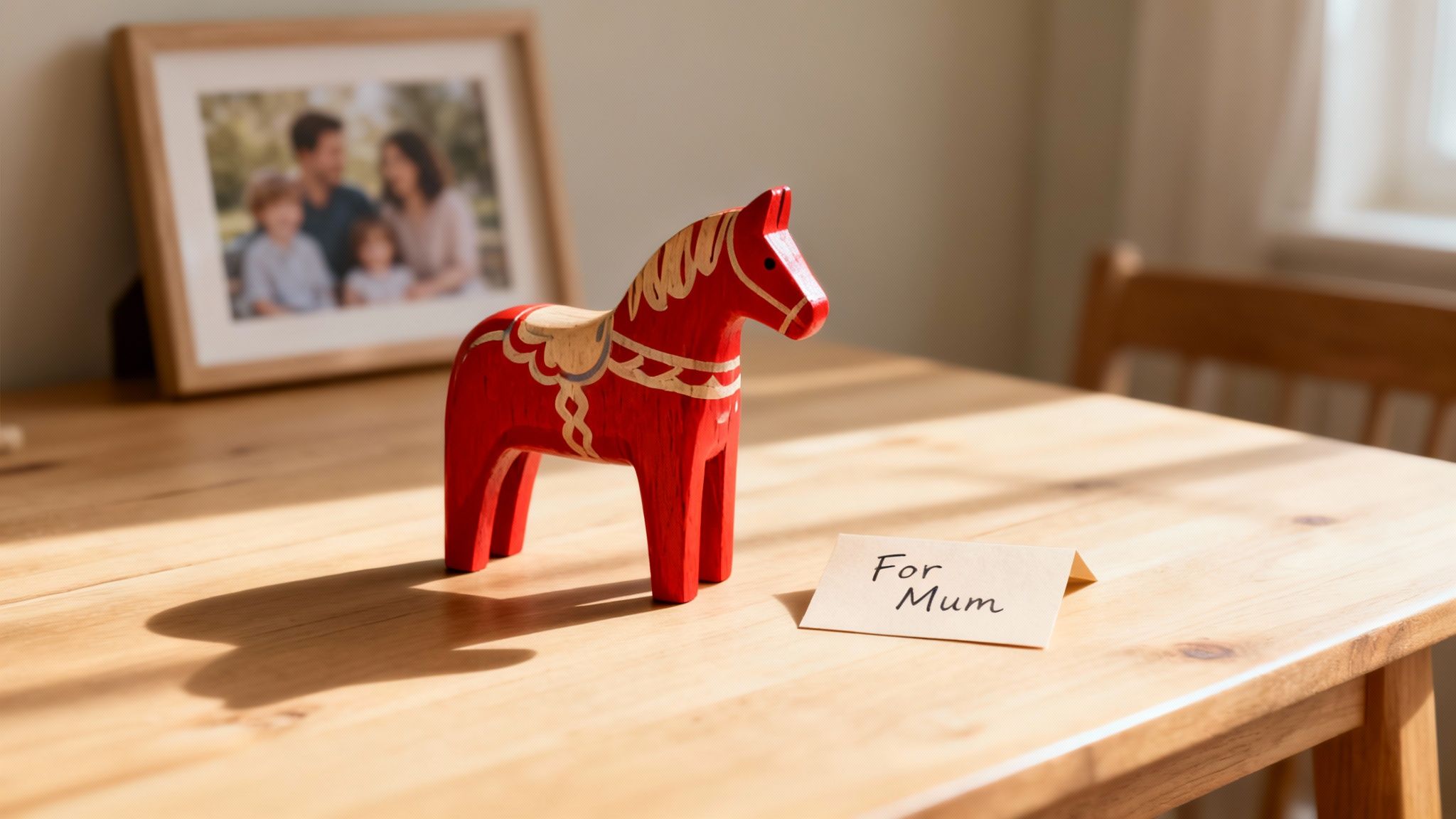 A red wooden Dala horse and a 'For Mum' card sit on a wooden table, with a family photo in the background.