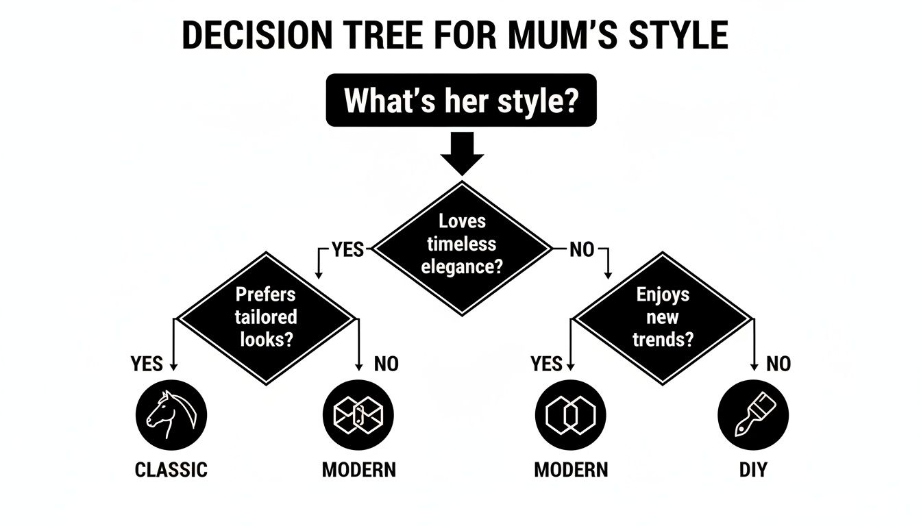A decision tree flowchart for mum's style, guiding to classic, modern, or DIY fashion categories.