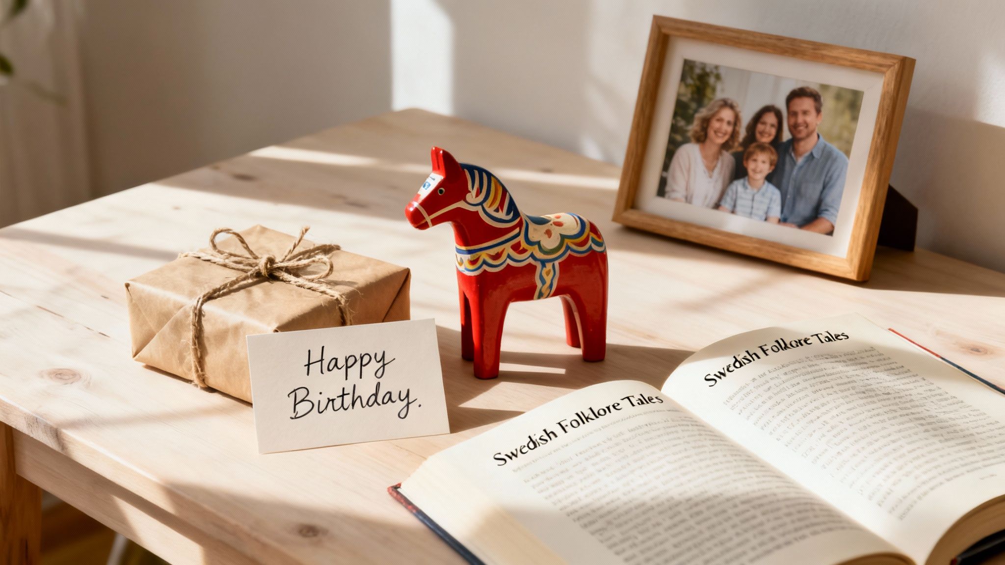 A birthday gift, Dala horse, and Swedish folklore book on a wooden table with a family photo.