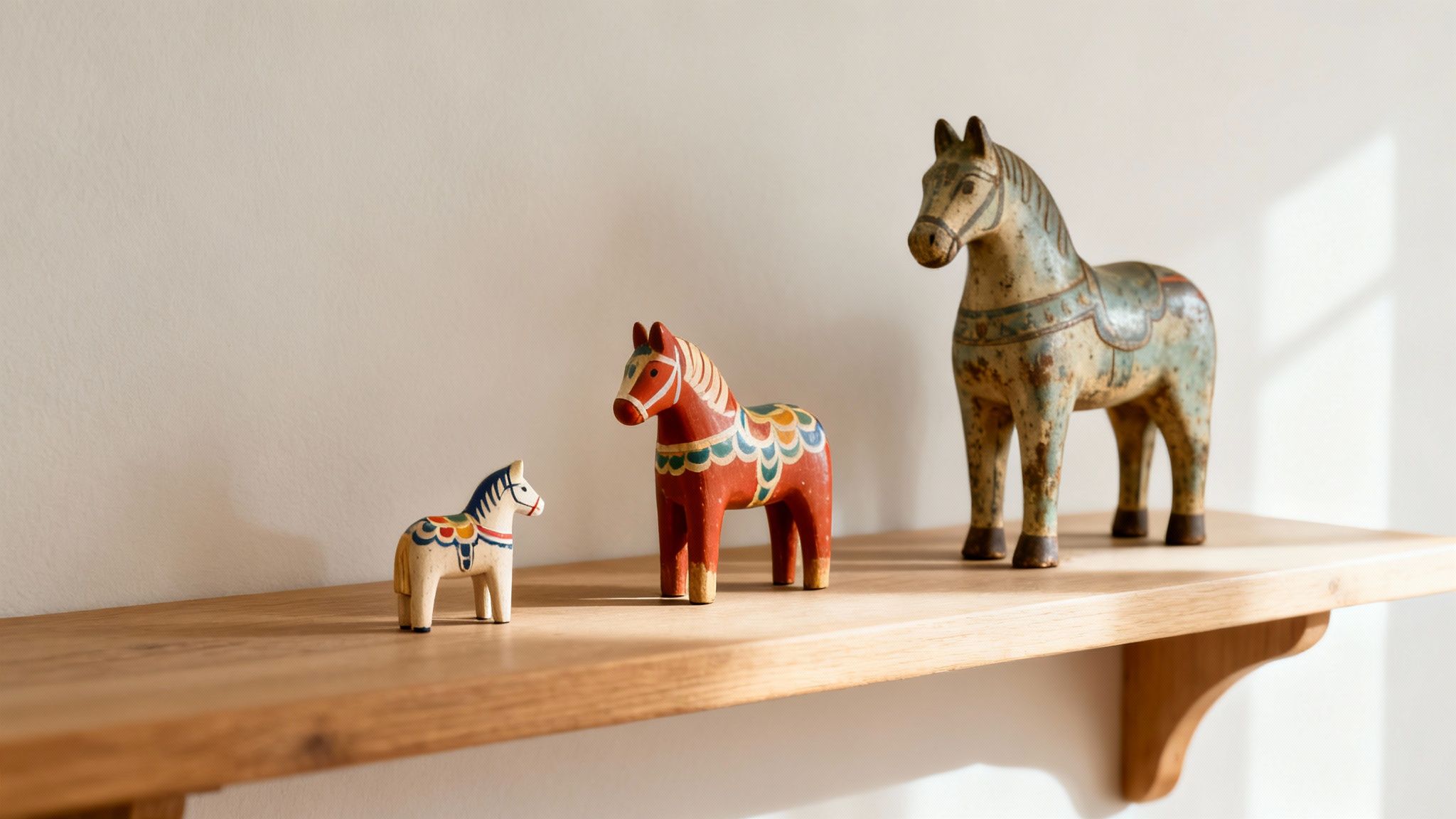 A trio of colorful wooden horse figurines, varying in size, displayed on a wooden shelf with natural light.