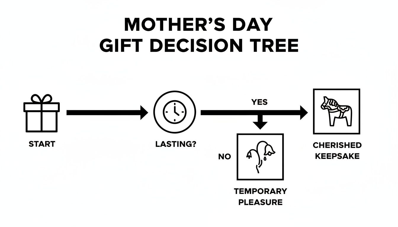 Mother's Day gift decision tree flowchart, guiding choices between lasting keepsakes and temporary pleasures.