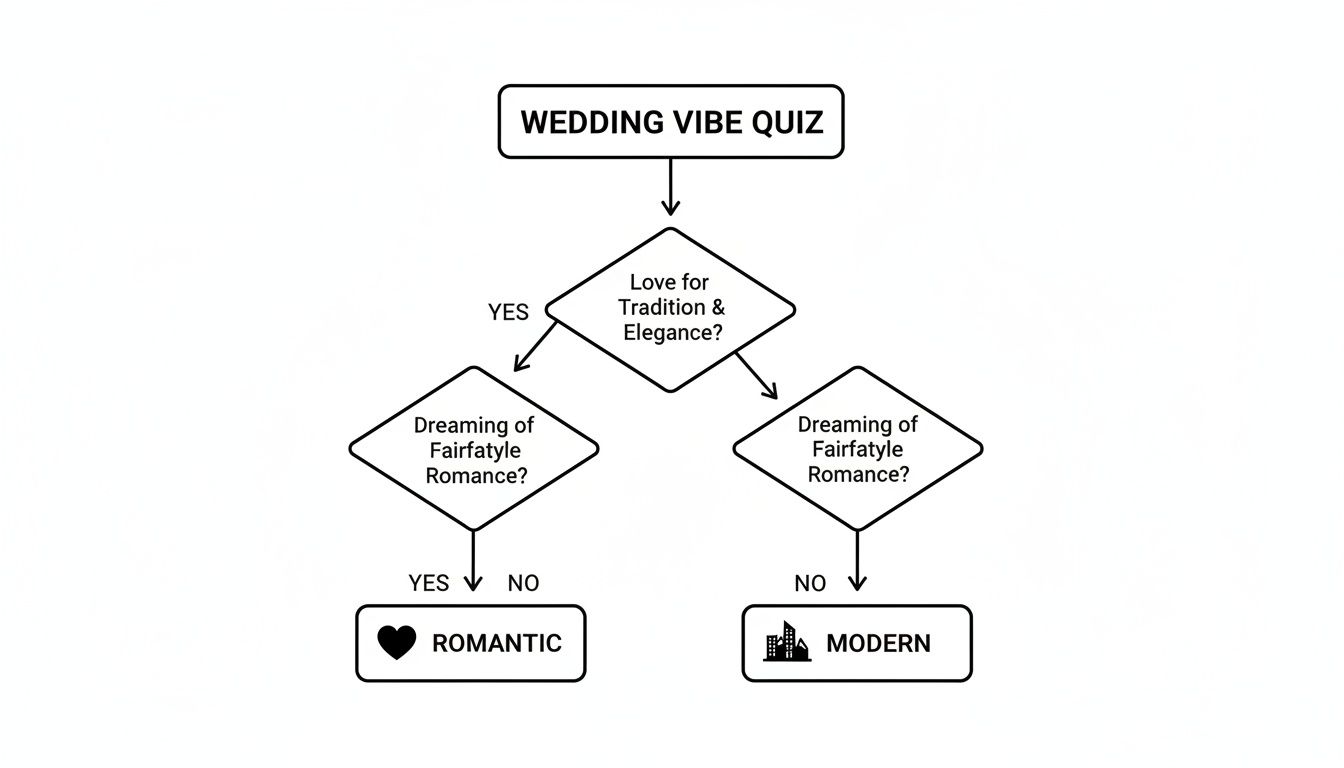 Flowchart for a wedding vibe quiz determining romantic or modern wedding style.