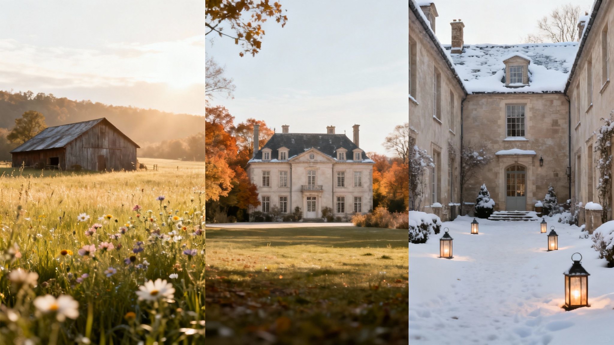 A triptych showing a barn in summer, a chateau in autumn, and a snowy courtyard in winter.