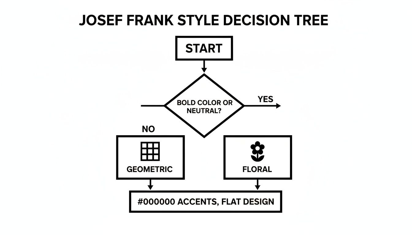 A decision tree illustrating Josef Frank style, differentiating between bold and neutral colors for floral or geometric designs.