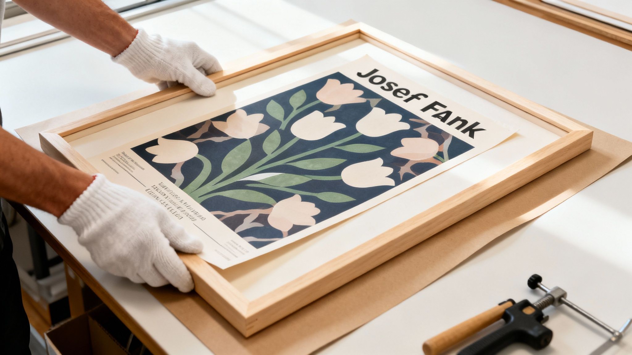 Hands in white gloves carefully assembling a wooden frame around a Josef Frank floral poster.