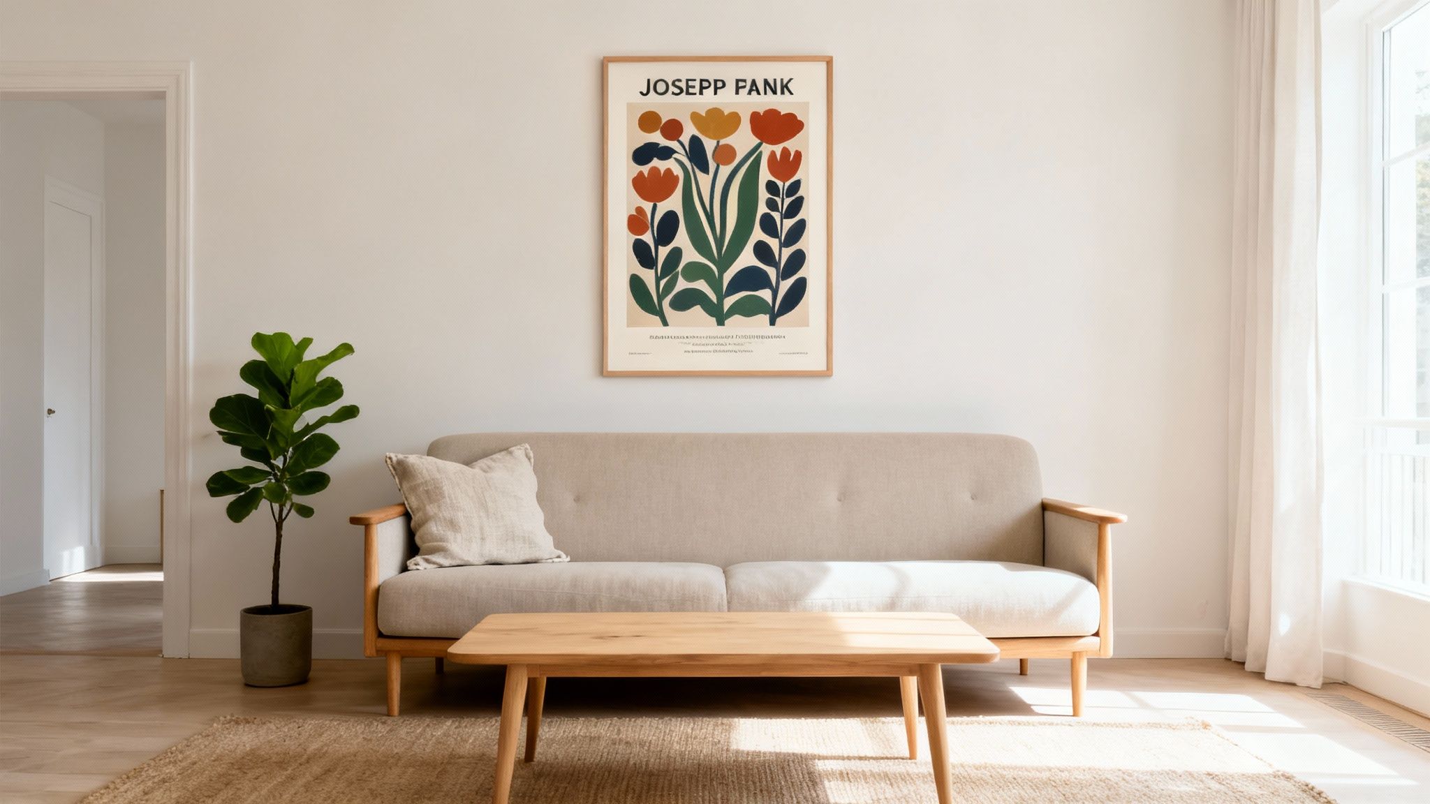 A bright minimalist living room featuring a beige sofa, wooden coffee table, a plant, and a floral art print.