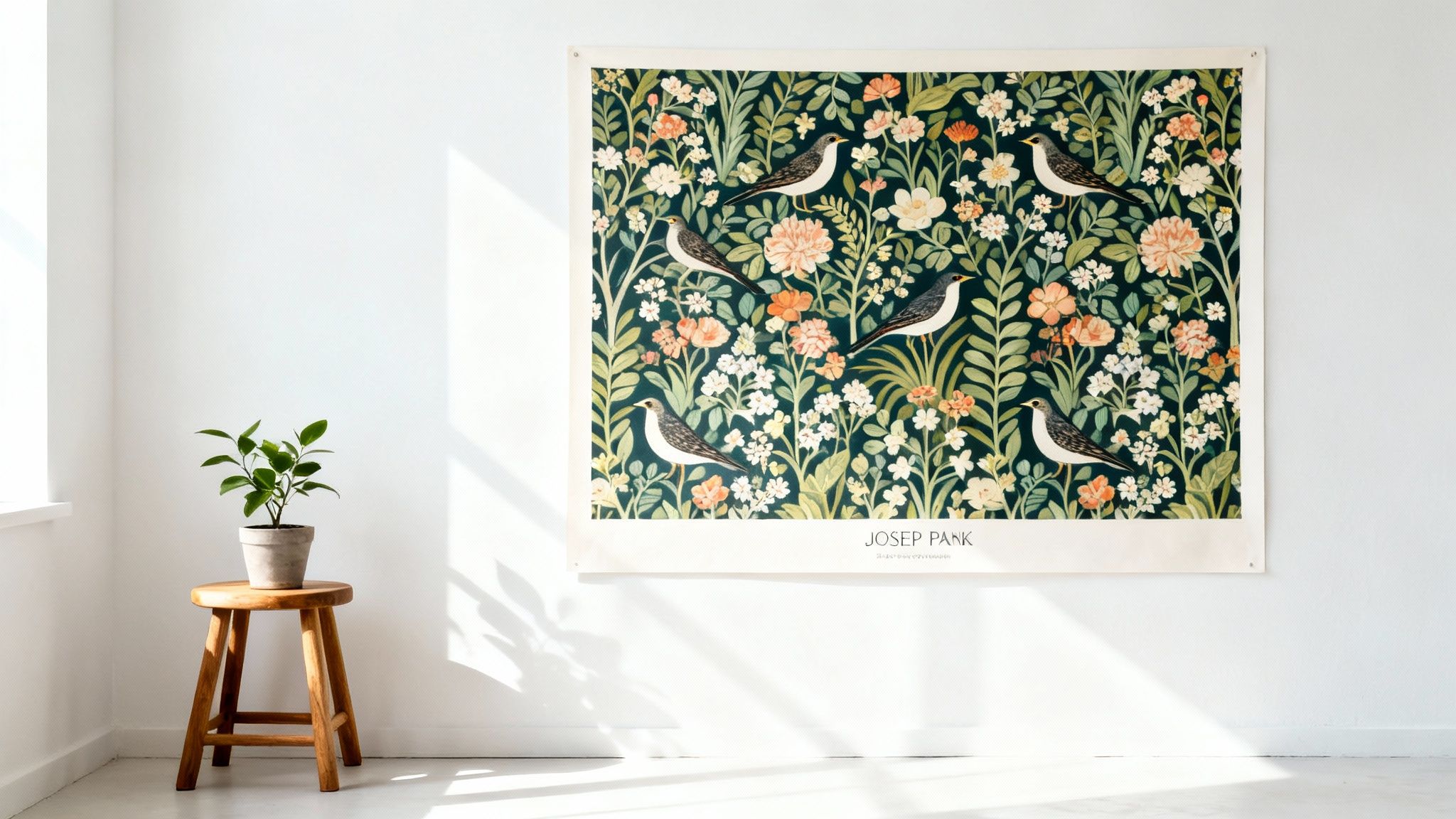 A detailed floral and bird art poster on a white wall, with a small plant on a wooden stool.