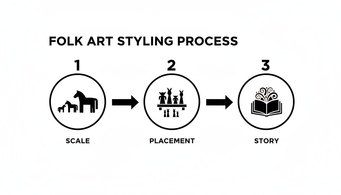A diagram illustrating the three-step folk art styling process: scale, placement, and story with icons.