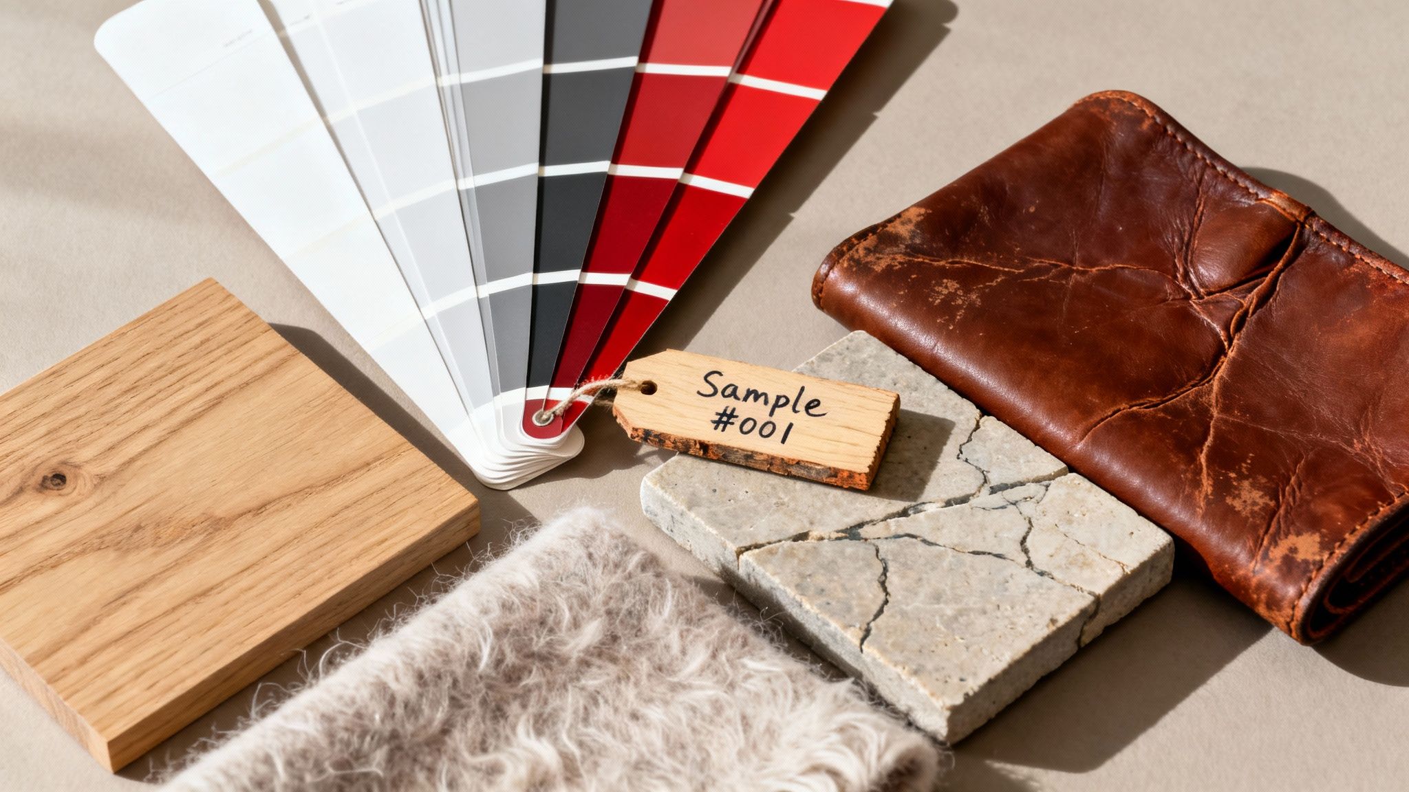 Various material samples, including wood, stone, leather, fabric, and color swatches for design.