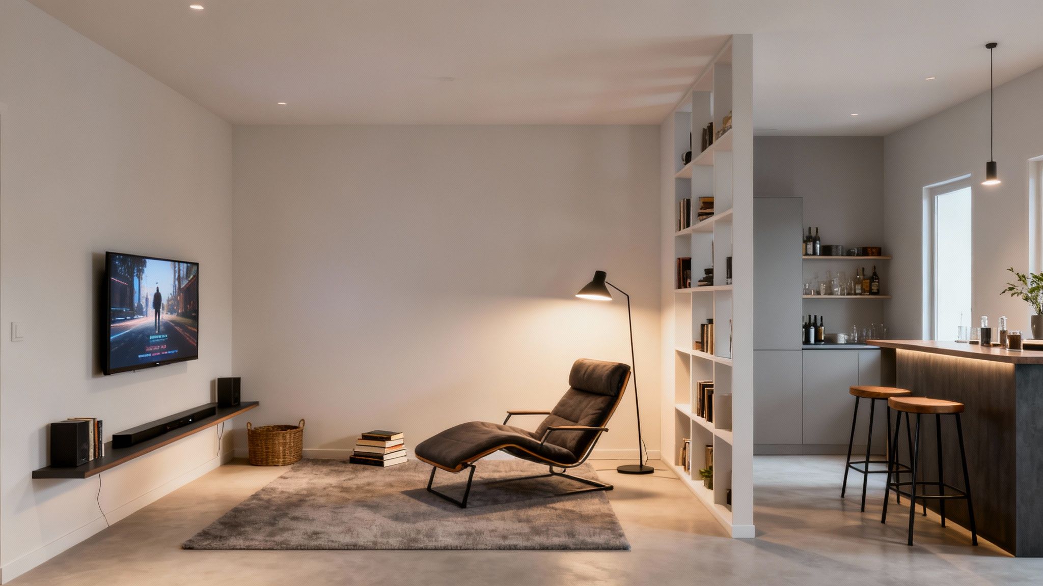 A stylish modern living room and kitchen featuring a TV, lounge chair, and bar area.