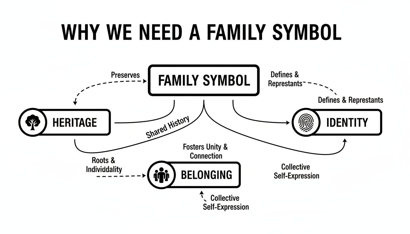 A diagram illustrating the importance of a family symbol, connecting it to heritage, identity, and belonging.