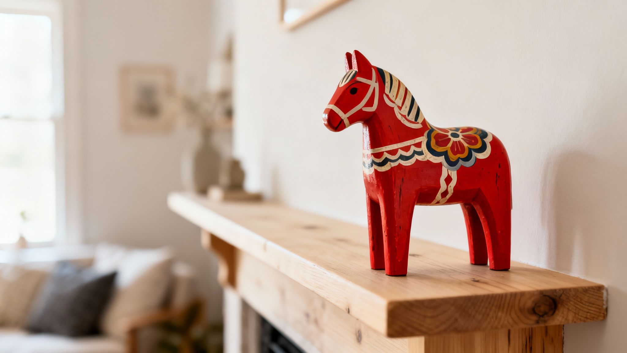 Traditional Swedish red Dala horse on a wooden mantelpiece, symbolizing heritage and home decor.