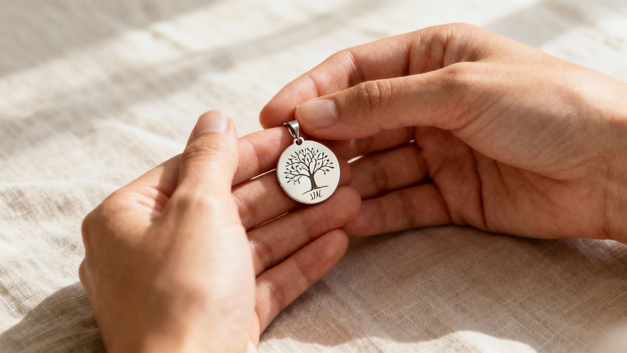 Close-up of hands holding a round silver pendant with an engraved tree of life design.