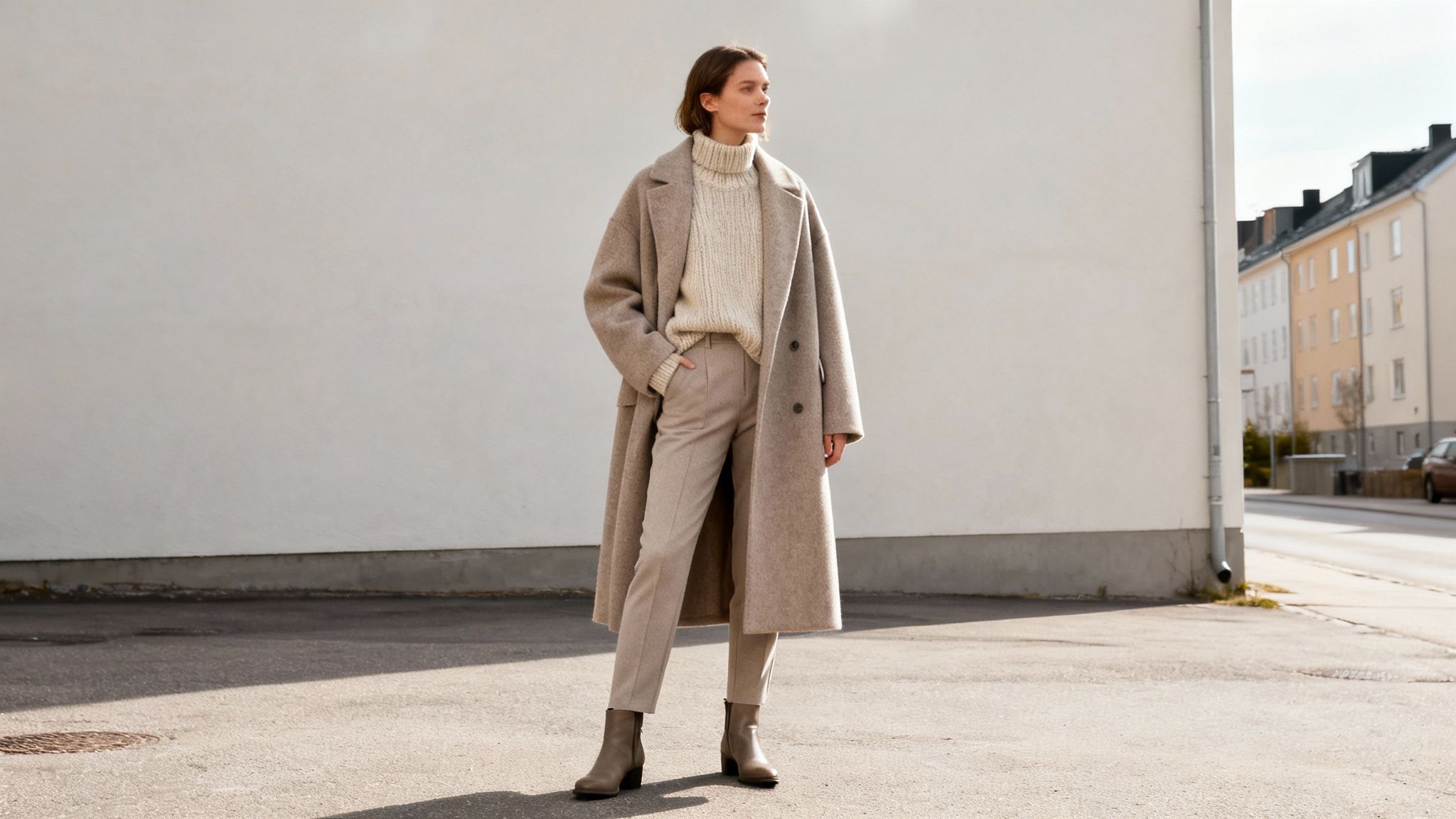 Stylish woman in a long beige coat, cream turtleneck, and beige trousers standing outdoors.