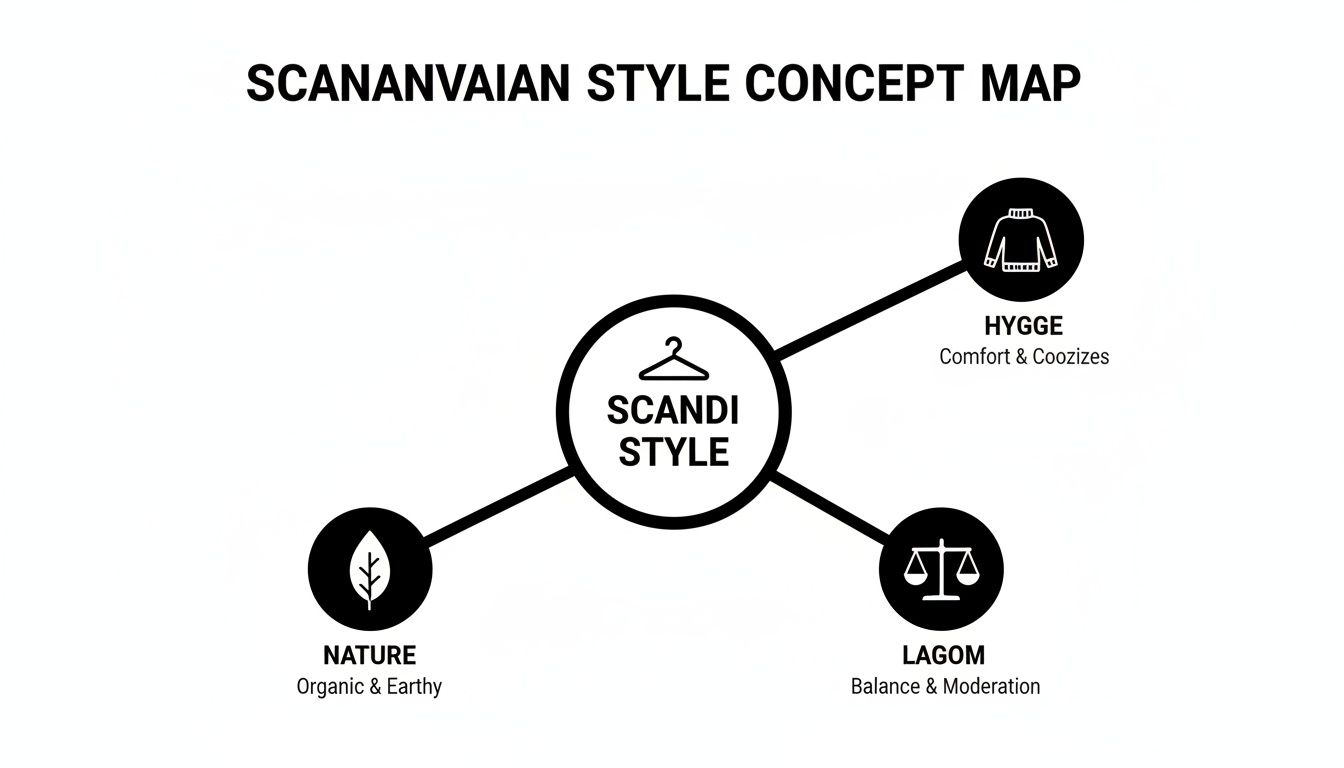 A concept map illustrating Scandinavian style, featuring a central 'Scandi Style' node linked to Hygge, Nature, and Lagom.