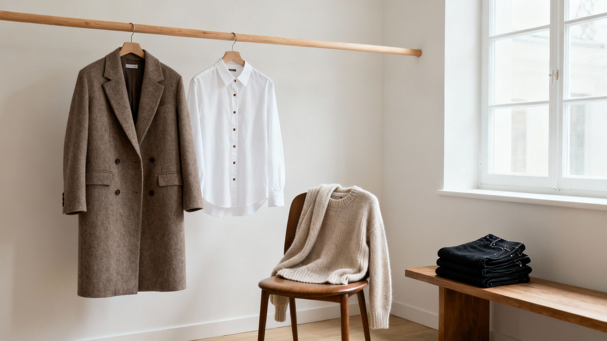 Minimalist Scandinavian style wardrobe featuring a brown coat, white shirt, beige sweater, and black jeans.