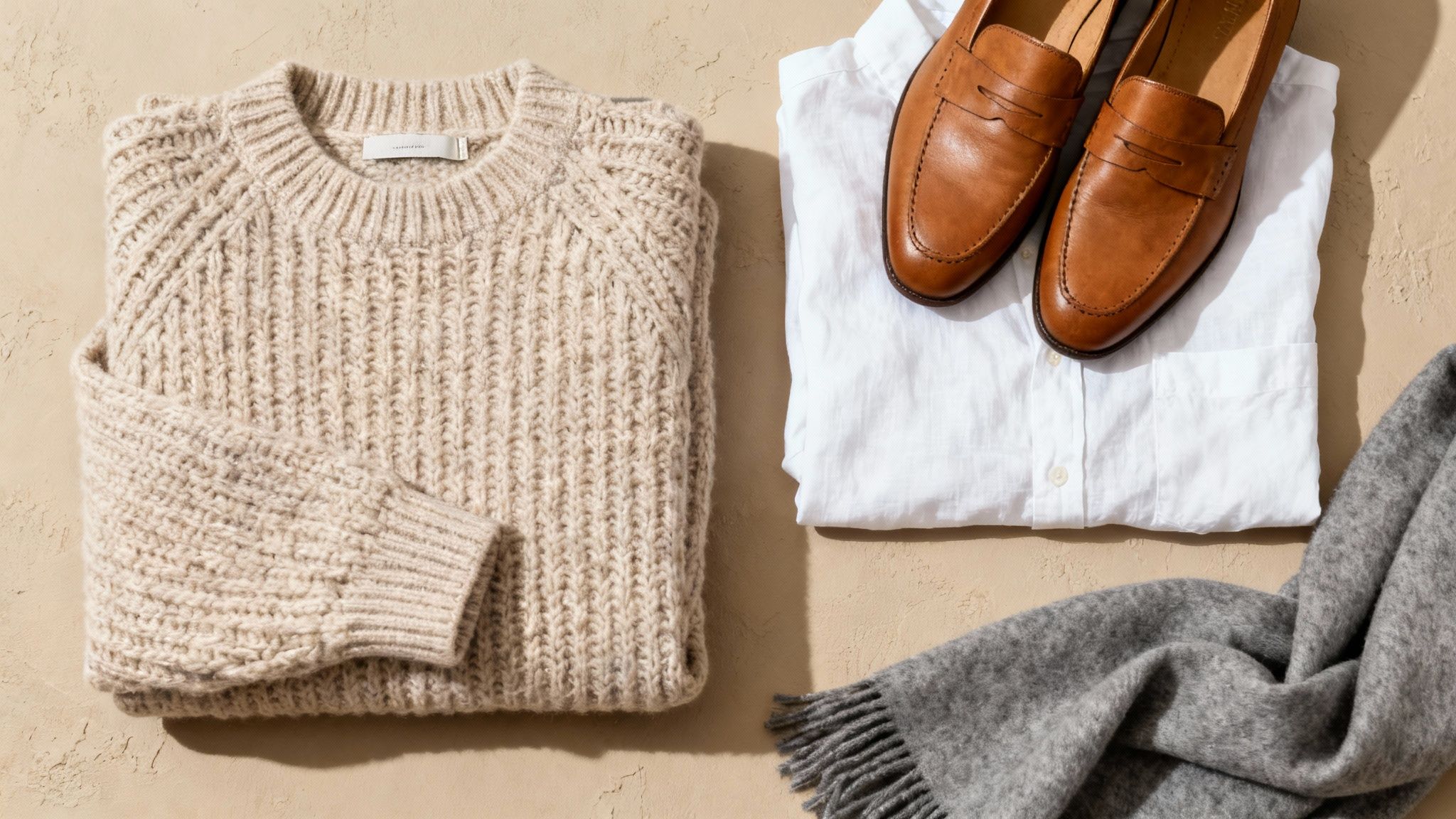 A cozy flat lay of Scandinavian-style clothing: a beige sweater, white shirt, brown loafers, and a grey scarf.