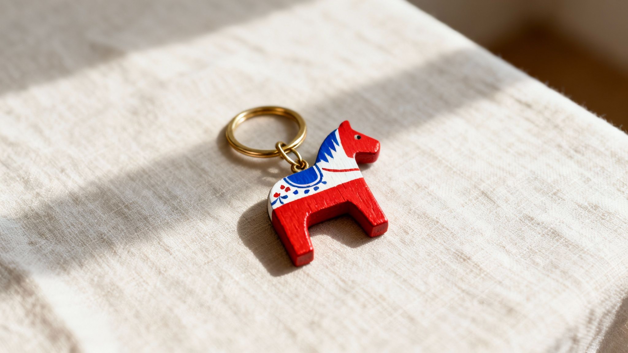 A vibrant red, white, and blue Dala horse keyring resting on a textured beige fabric.