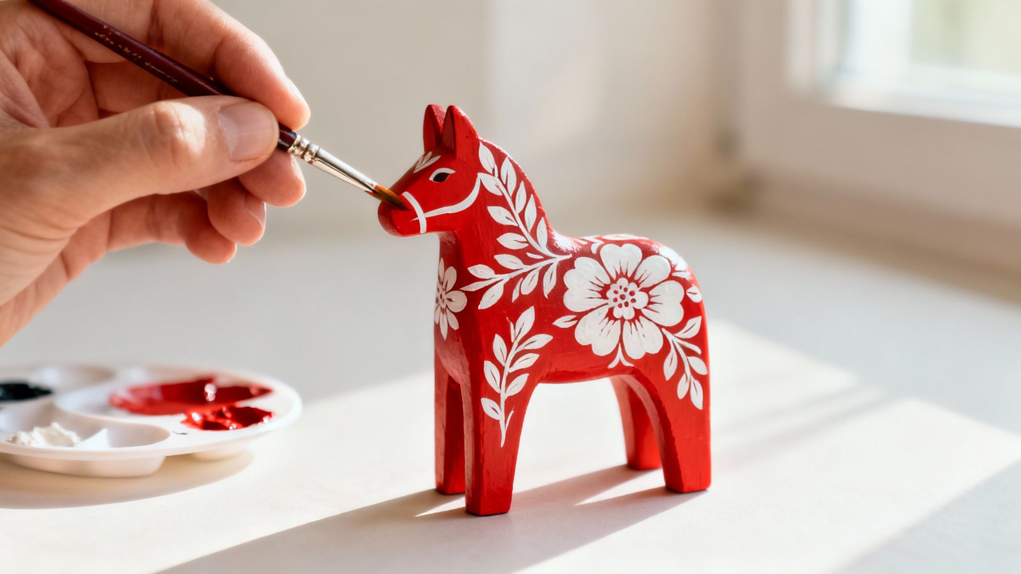 Hand painting intricate white floral patterns on a traditional red Dala horse figurine with a brush.