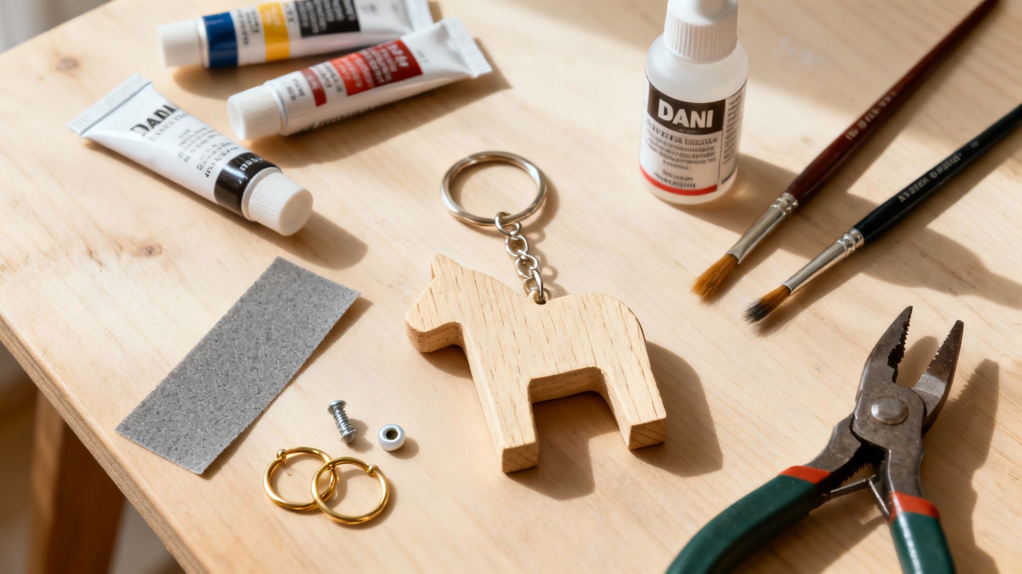 Craft supplies for making a wooden horse keychain, including paints, brushes, and tools, on a wooden surface.