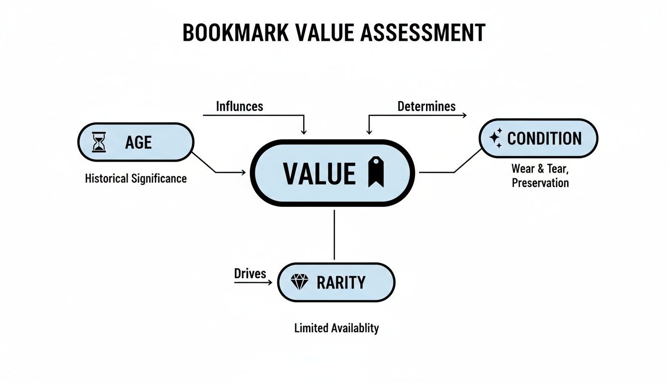 A flowchart titled 'Bookmark Value Assessment' illustrating how Age, Condition, and Rarity determine the value of bookmarks.