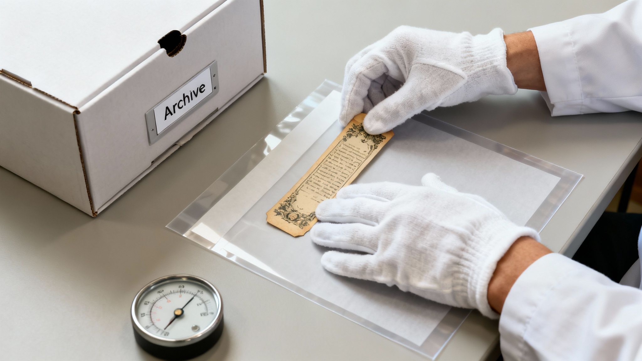 A person in white gloves carefully places an old, handwritten bookmark from an "Archive" box.