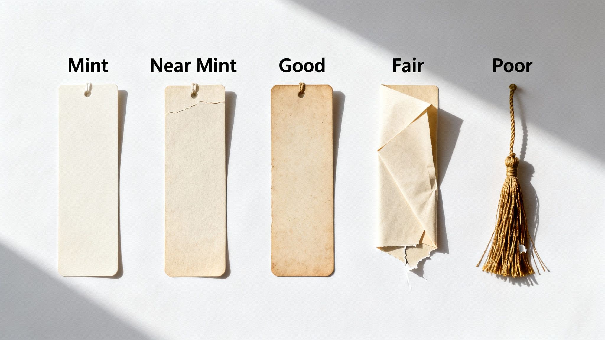 Five bookmarks displaying various conditions from mint to poor, including a tattered tassel.