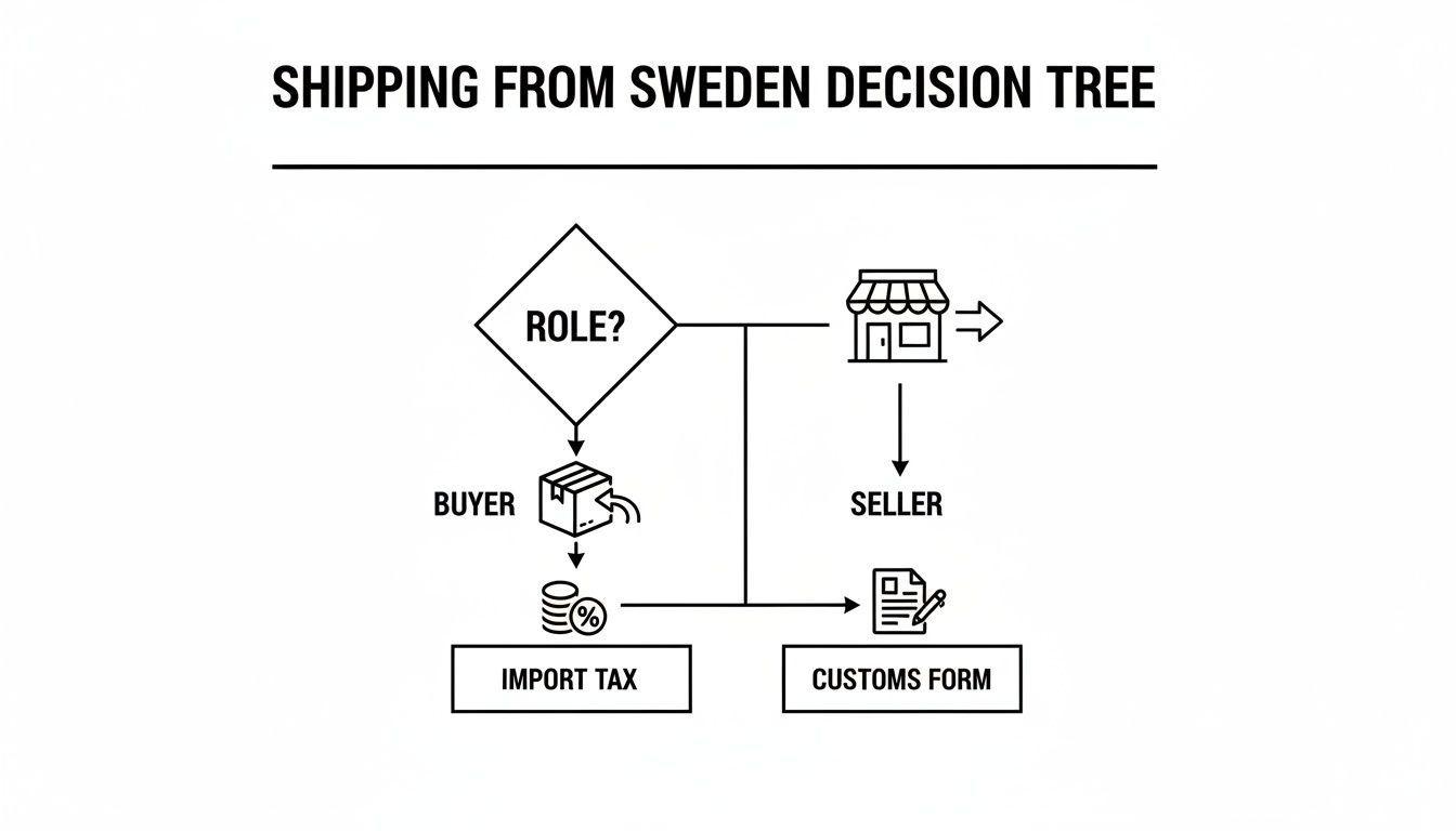 A decision tree for shipping from Sweden, detailing responsibilities for buyers and sellers, including import tax and customs forms.